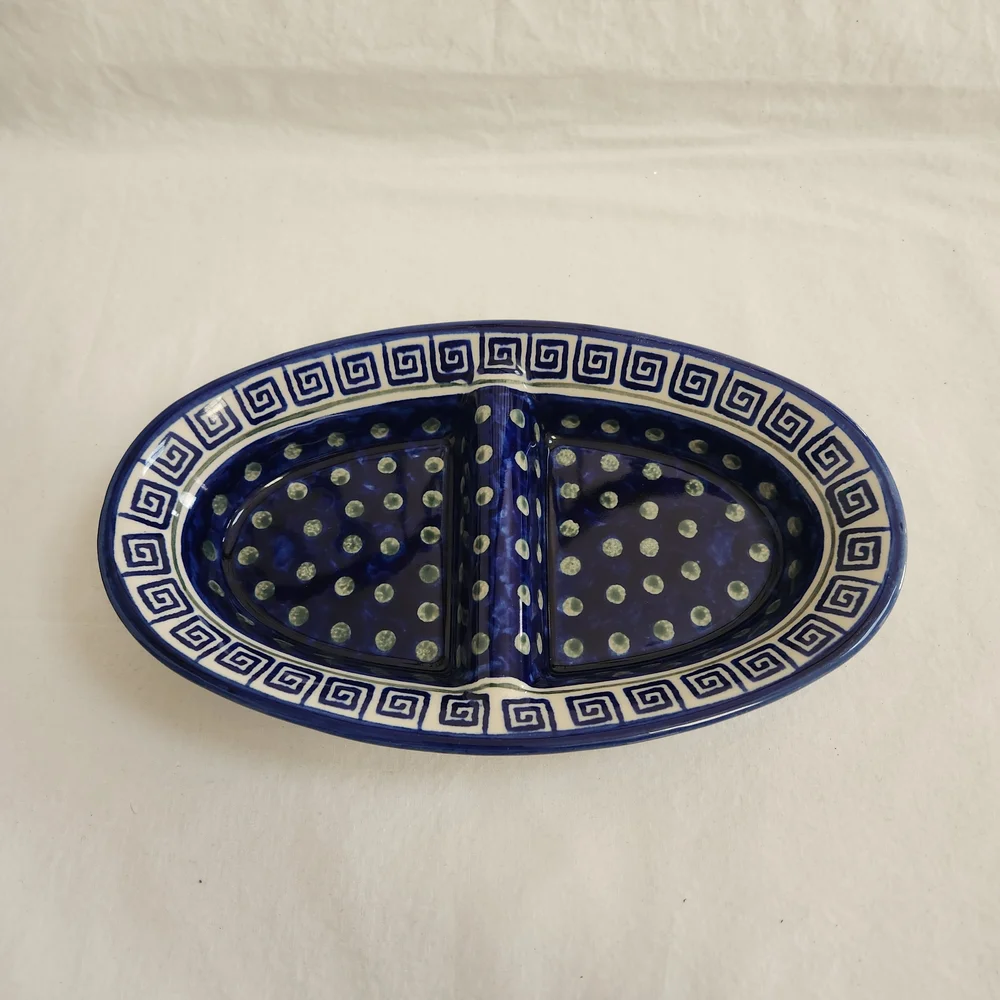 Boleslawiec Blue and Green Polish Pottery Divided Dish